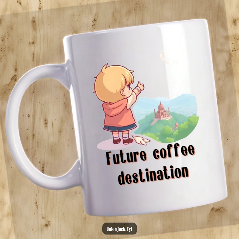 Funny mug with a character pointing towards a distant, unseen landmark, symbolizing exploration and adventure.