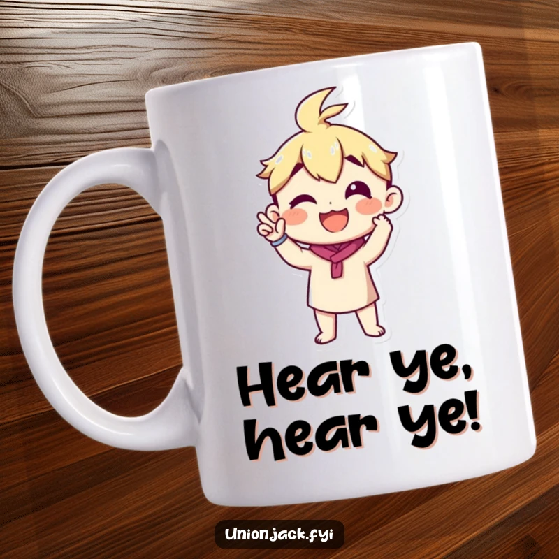 Funny mug with a character making a proud announcement gesture, ideal for sharing exciting news humorously.