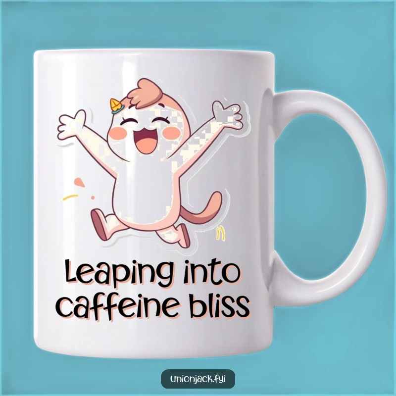 Funny Leap Mug: Joyful Character with Arms Wide, Perfect Funny Gift