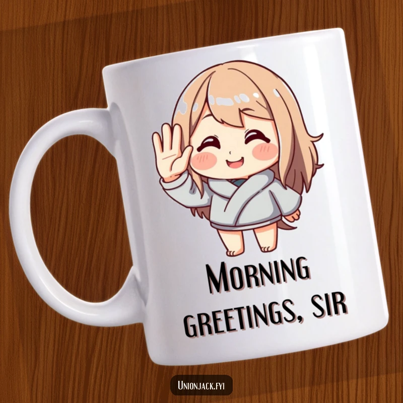 Funny coffee mug featuring a character saluting with exaggerated politeness and a wide smile. This mug is perfect for kind individuals and those who appreciate good manners.