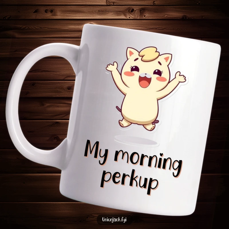 Funny mug with a cartoon character joyfully performing a silly, energetic hop, exuding happiness and positive vibes.
