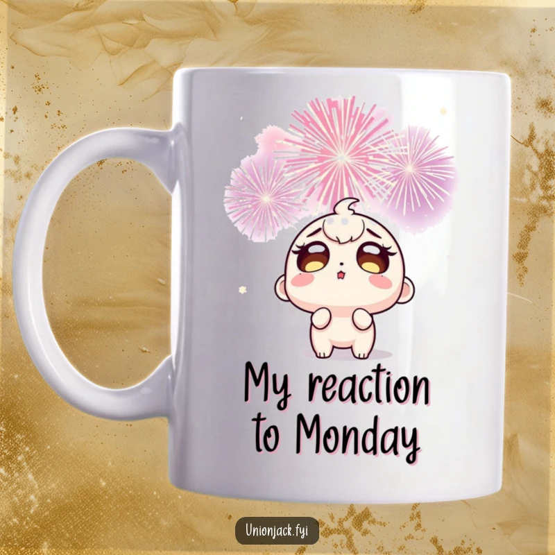 Funny mug with a wide-eyed character looking up in awe at vibrant, exploding celebratory fireworks, capturing pure amazement and joy.