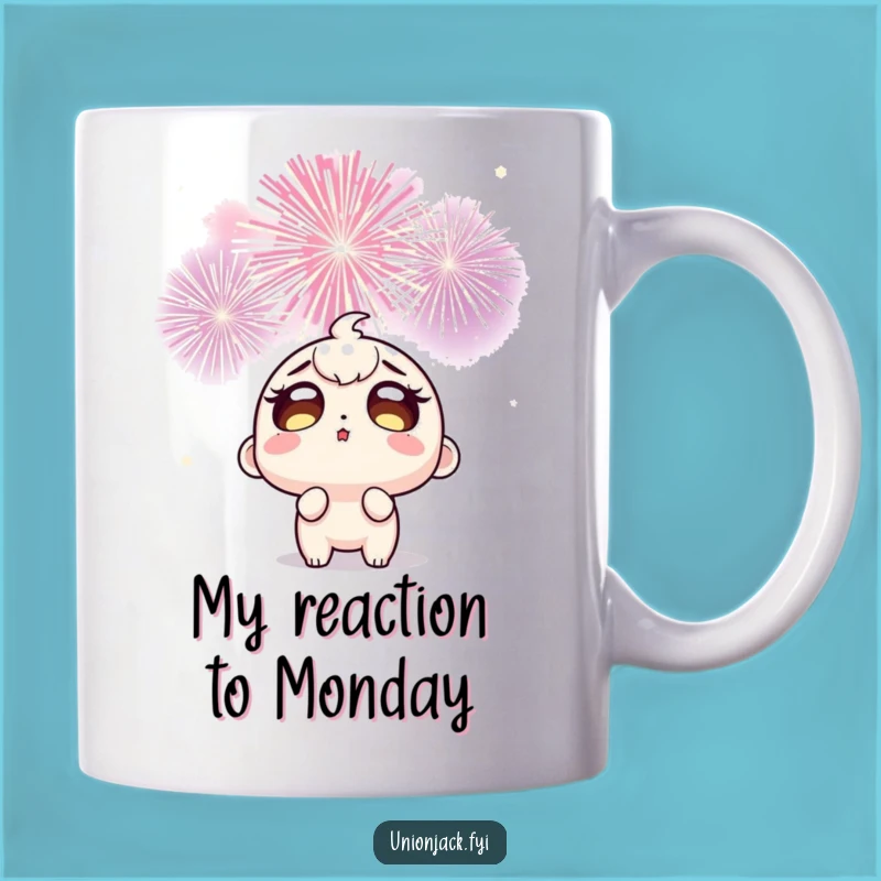 Funny Fireworks Wonder Mug: Wide-eyed Character Amazed by Explosions, Perfect Humorous Gift!