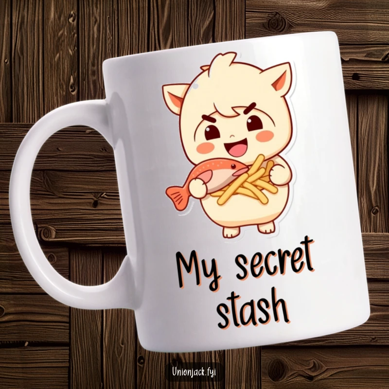 Funny mug featuring a character with a mischievous grin, happily holding a portion of fish and chips. A delightful, humorous culinary scene.