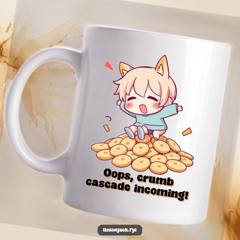 Funny mug showing a character comically tripping and falling headfirst into a large pile of delicious biscuits.