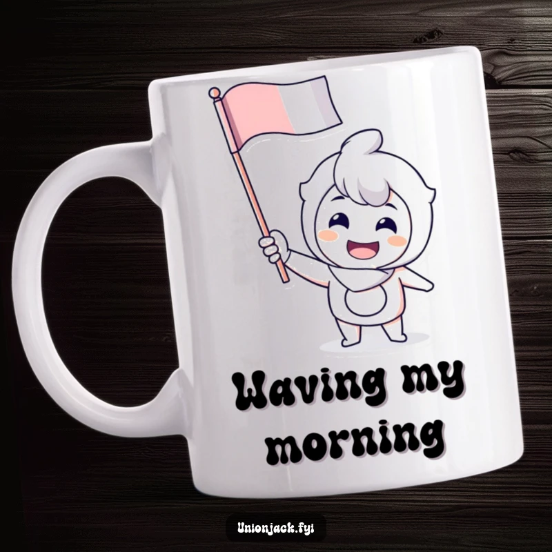 Funny mug featuring a character with a cheerful grin enthusiastically waving a flag, full of joy and patriotic spirit.