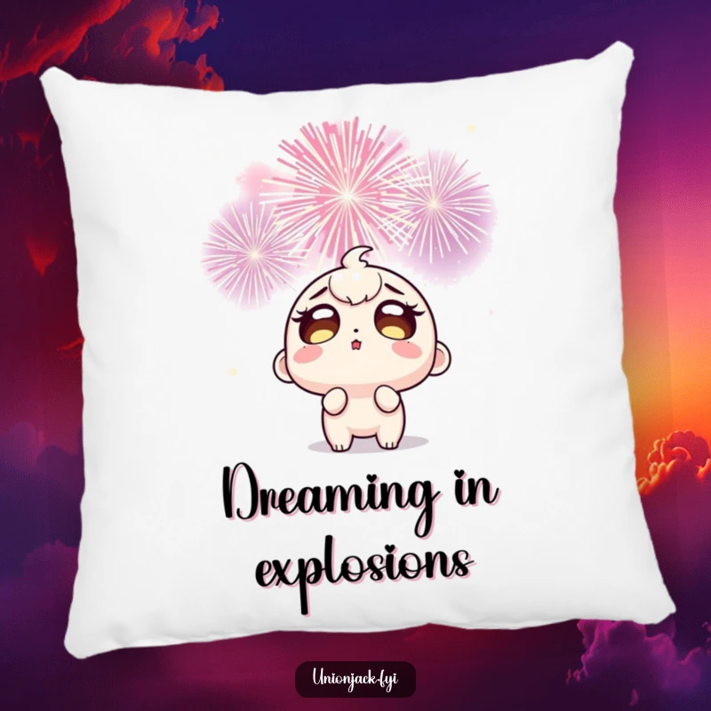 Funny pillow design showing a wide-eyed character looking up in sheer amazement at a dazzling explosion of celebratory fireworks, adding charm.