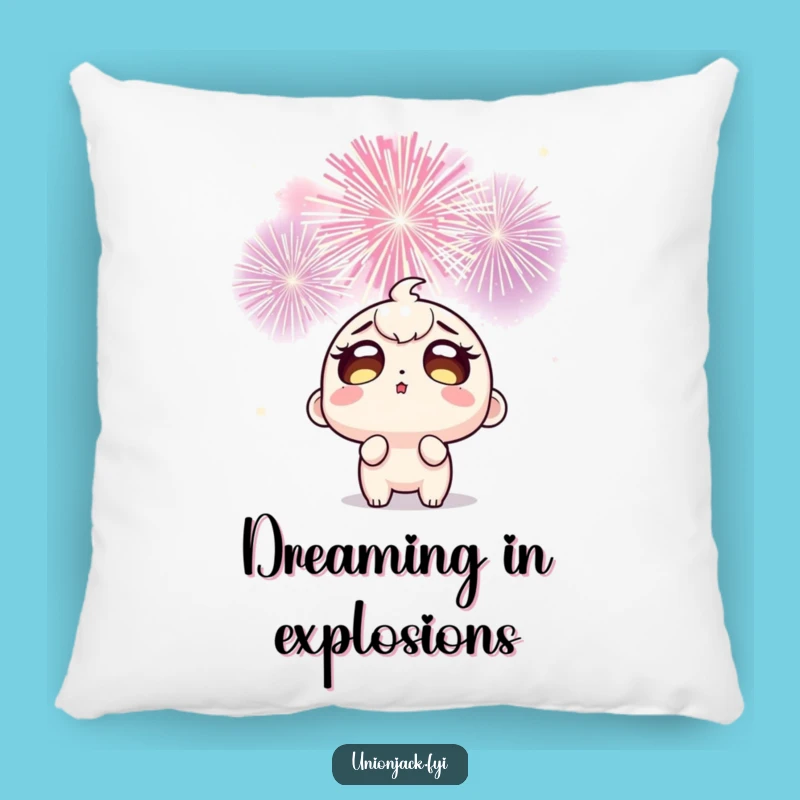 Funny Fireworks Accent Pillow: Wide-Eyed Character's Joyful Gaze, Cozy Humorous Decor!