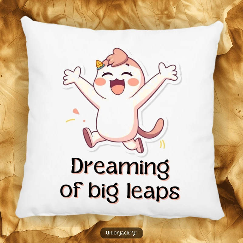 Funny pillow featuring a character in a stylized, playful leap with arms wide, offering comfort and a touch of whimsical joy.