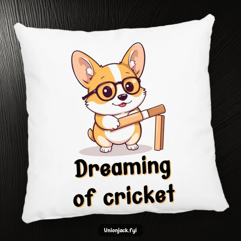 Funny corgi pillow features a determined corgi in a monocle, holding a cricket bat, offering plush comfort and comical sports decor.