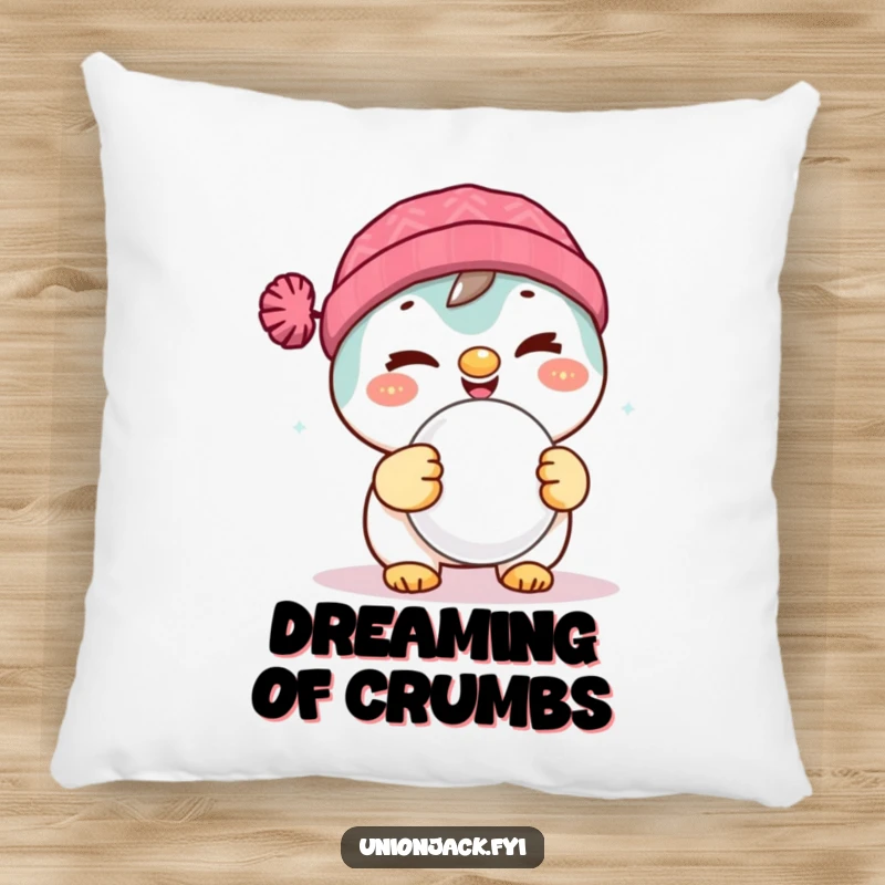 Funny pillow featuring a delighted character winking with a scone, adding a touch of cheeky charm to any room.