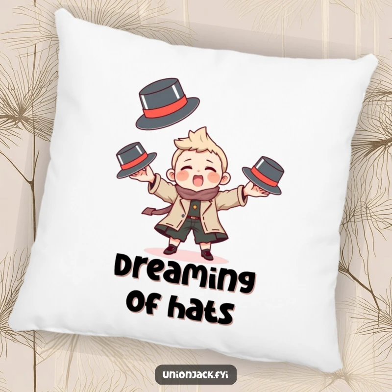 Funny pillow with a character playfully juggling tiny bowler hats, offering soft comfort and humorous skill.