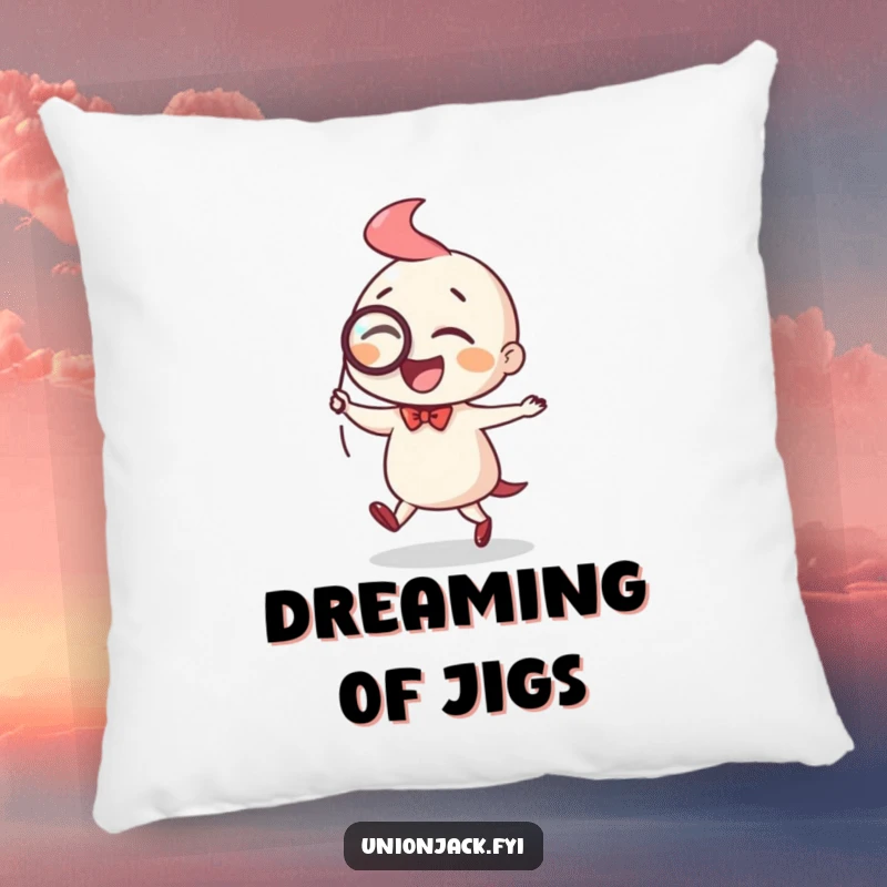 Funny pillow with a character joyfully doing a little jig with a monocle, offering plush comfort and dapper charm.