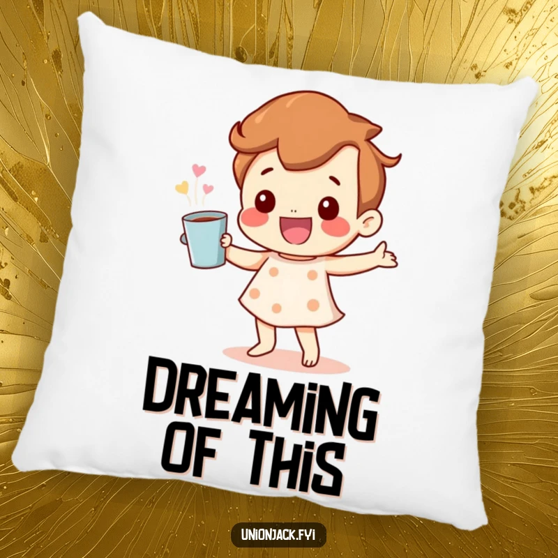 Funny Pillow: A happy character dancing with a cup, providing cozy comfort and a dose of infectious joy for home decoration.