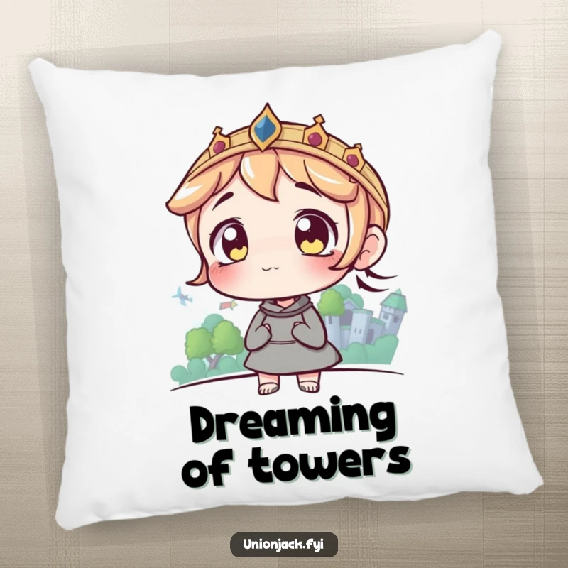 Funny pillow with a character having wide eyes looking at a distant castle, offering plush comfort and inspirational vibes.