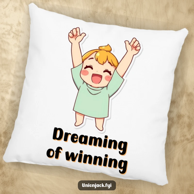 Funny Pillow: Character cheering with arms raised in triumph, offering a comfortable and celebratory accent piece.
