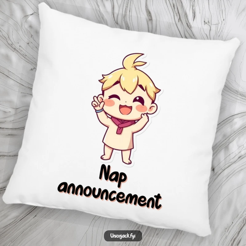 Funny pillow with a character making a proud announcement gesture, a soft and humorous accent.