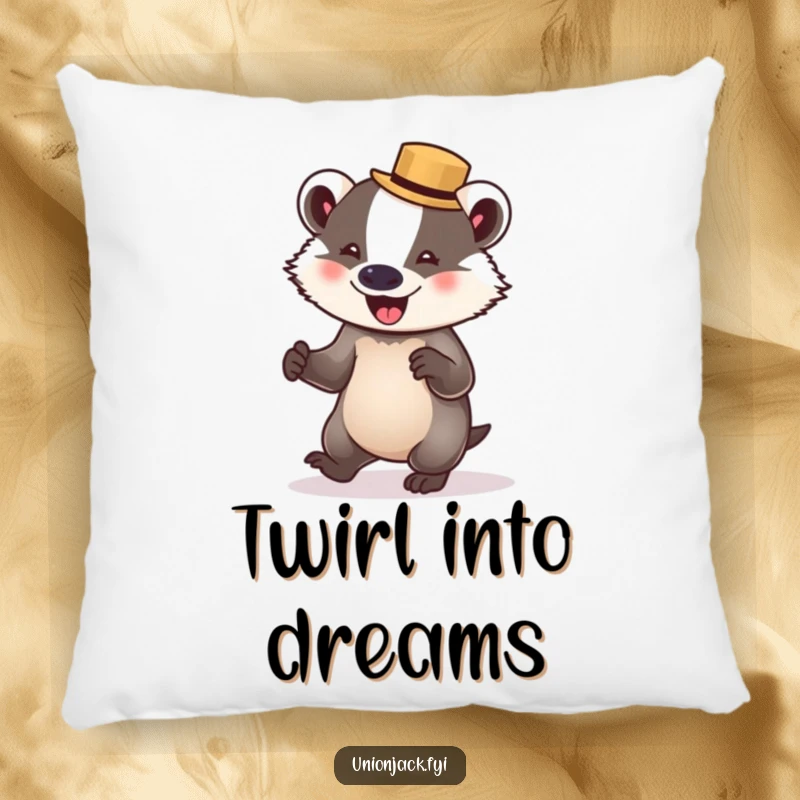 Funny badger pillow features a delighted badger in a bowler hat, mid-waltz, offering plush comfort and comical dance decor.