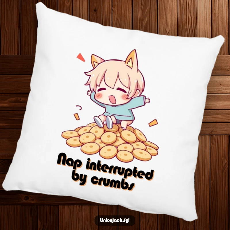 Funny pillow with a character comically tripping over a pile of biscuits, offering a humorous touch to any seating.