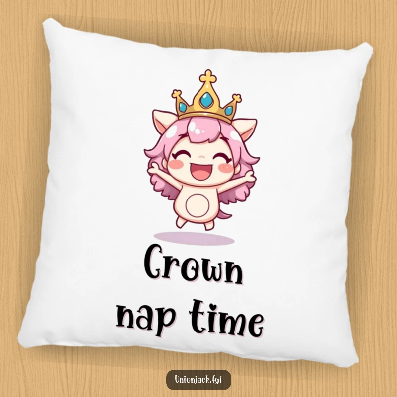 Funny pillow featuring a character excitedly bouncing with a regal crown askew, bringing cozy comfort and a dose of playful royal cheer.