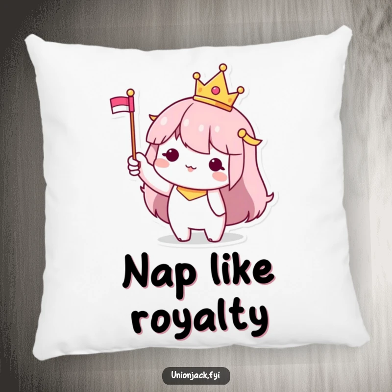 Funny Pillow: Character wearing a tiny crown and holding a flag, resting with a touch of regal charm.