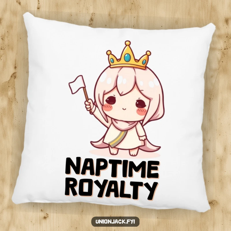 Funny pillow depicting a character in a tiny crown waving a flag, adding a humorous and regal touch to decor.