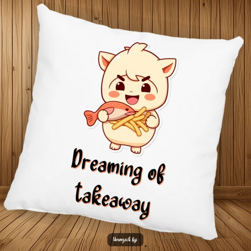 Funny pillow featuring a character with a mischievous grin, holding fish and chips. A soft and humorous accent for relaxation.