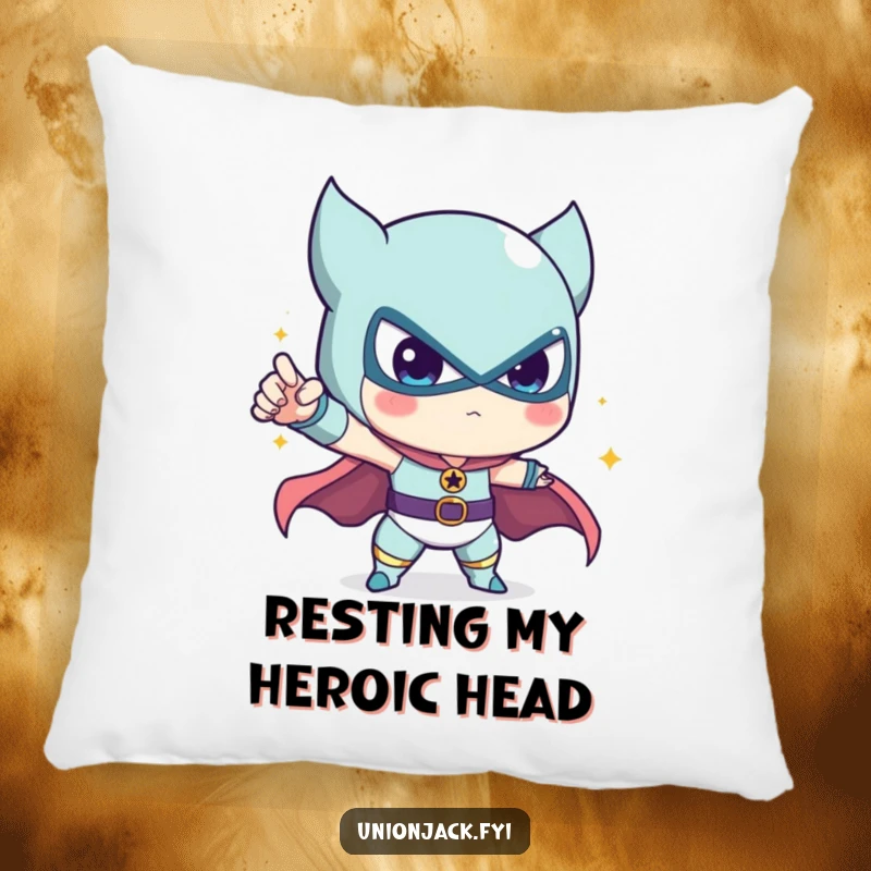 Funny pillow with a cute character in a relaxed yet heroic pose, offering comfort and a smile.