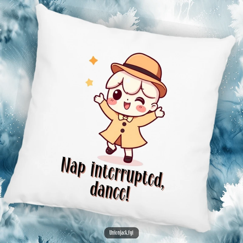 Funny pillow featuring a character in a silly dance pose with a bowler hat, offering comfortable and humorous decorative appeal.