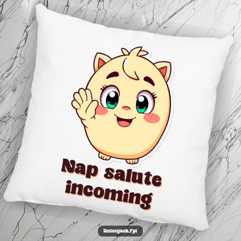 Funny pillow with a happy character, wide eyes, and a playful grin, giving a cheerful salute, perfect for adding a touch of humor to any room.