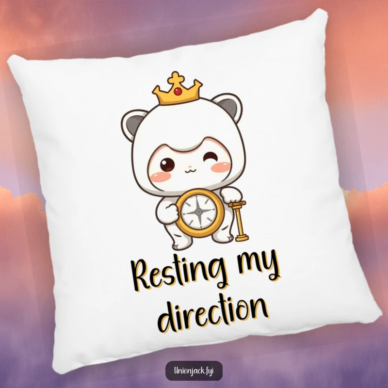 Funny Pillow: Character proudly looking at a compass, bringing cozy, humorous vibes with an adventure and exploration theme to any room.