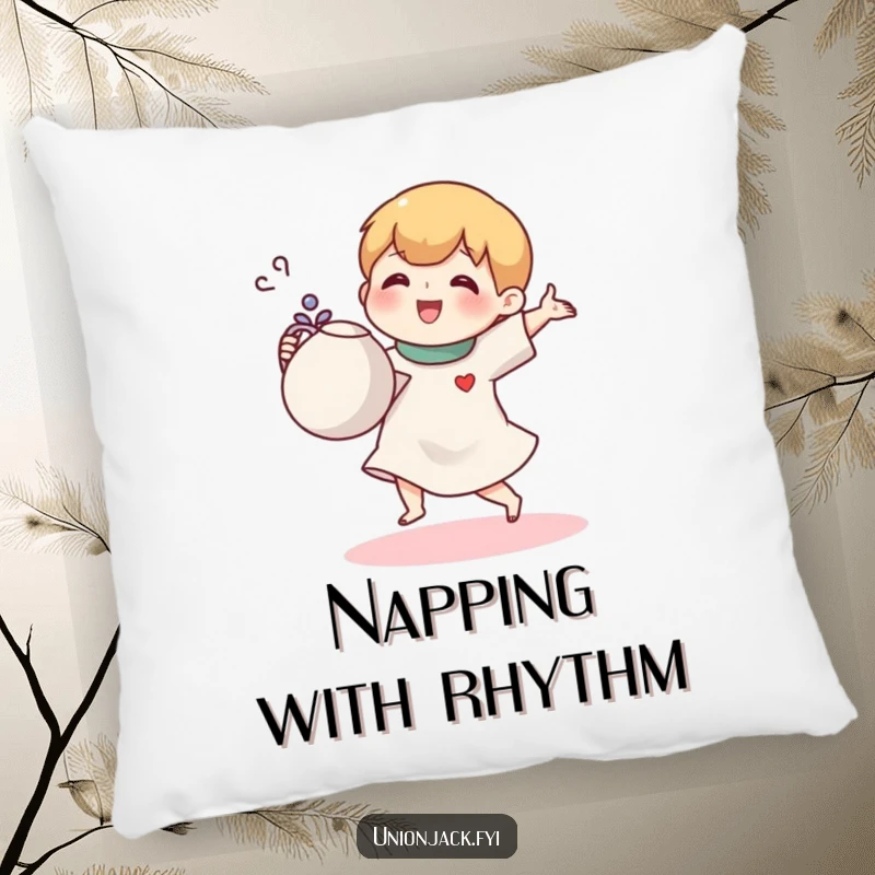 Funny pillow with a small cartoon character joyfully doing a jig with a teapot, offering cozy comfort and tea-time smiles.