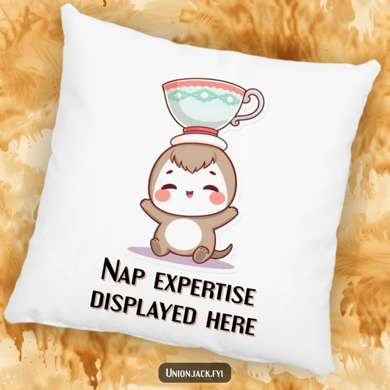 Funny pillow featuring a joyful character balancing a teacup on its head, offering comfort and a cheerful, humorous visual.