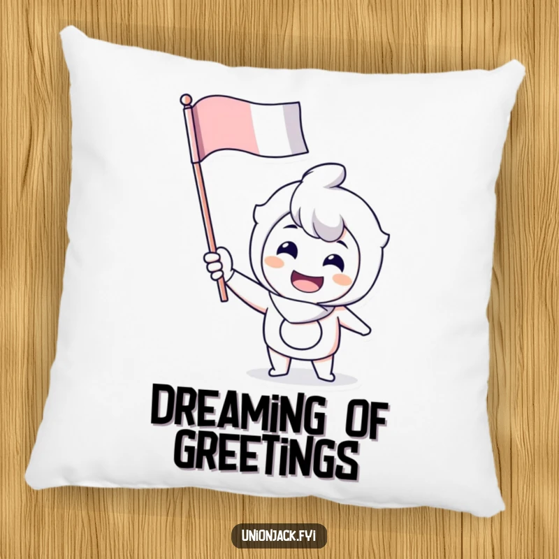Funny pillow featuring a cheerful character enthusiastically waving a flag, providing cozy comfort and spirited decor.
