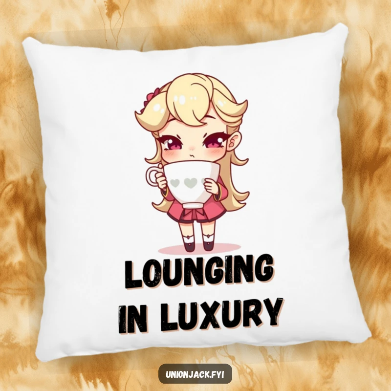 Funny pillow with a character holding a teacup with an exaggeratedly sophisticated pose, offering comfort and a vibe of playful elegance.
