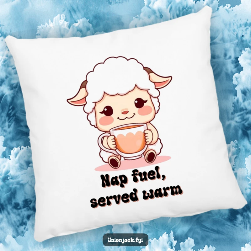 Funny pillow accentuating a sheepish character with a sweet, bashful expression offering a warm cup of tea, providing cozy, humorous comfort.
