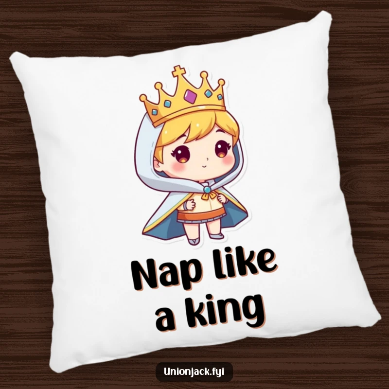 Funny pillow with a character looking regal in a crown and cape, offering soft comfort and humorous dignity.