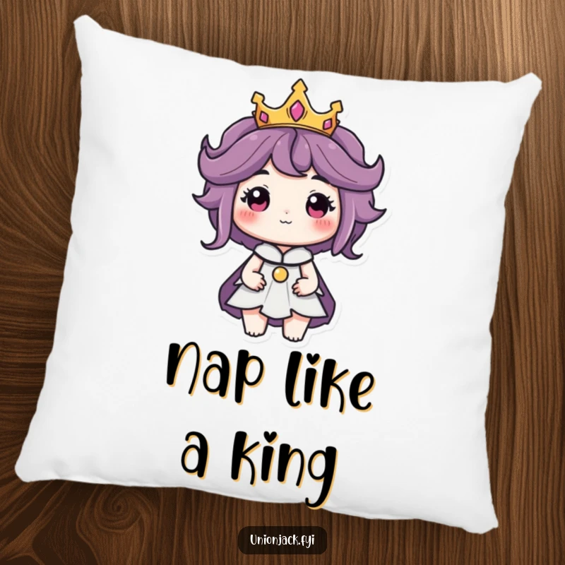 Funny pillow featuring a character wearing a tiny crown with a regal air, perfect for regal comfort and humorous decor.