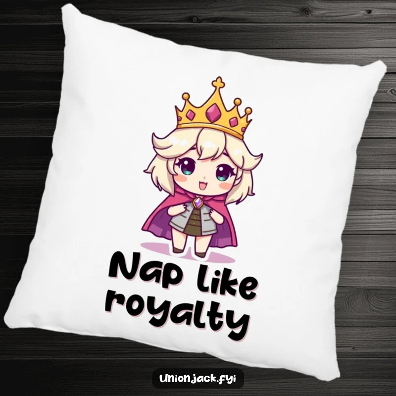 Funny pillow featuring a character looking regal with a crown and cape, adding comfort and humorous majesty to any space.