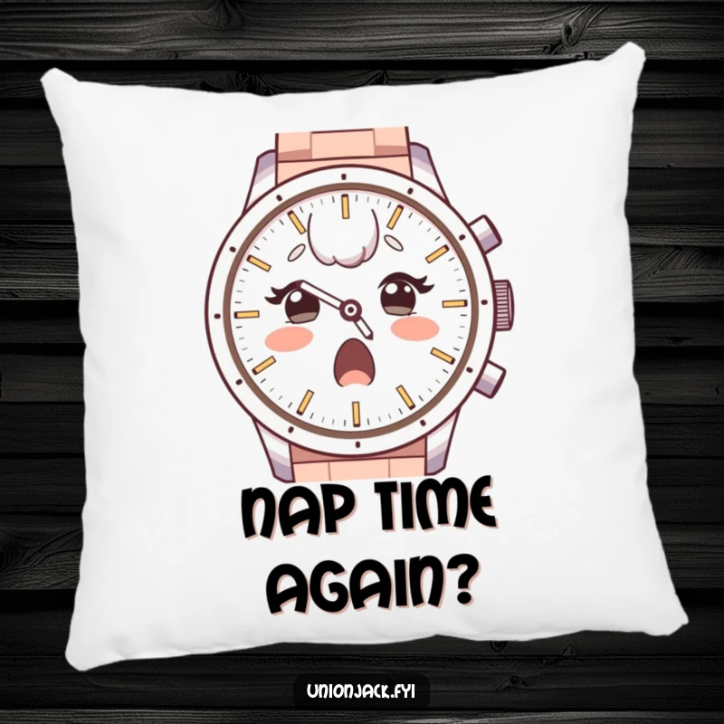 Funny pillow with a surprised character, raised eyebrows, looking with admiration at a large watch face, perfect for adding comfort and humor.