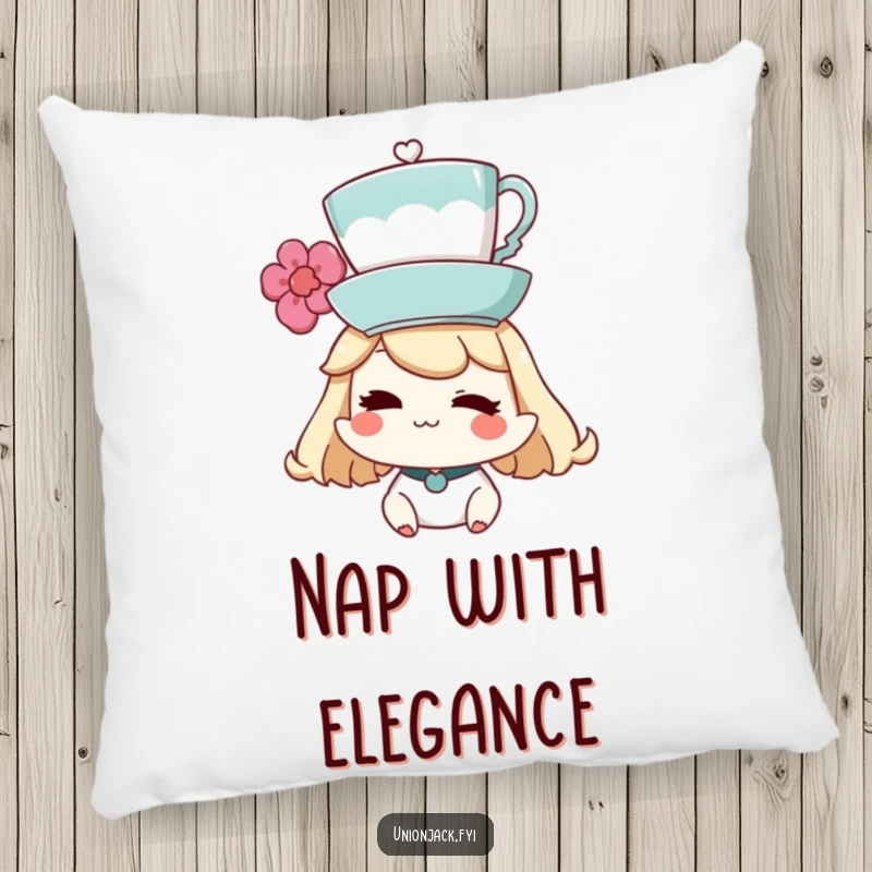 Funny Pillow: Character winking while balancing a teacup on their head, offering a charming and whimsical accent.