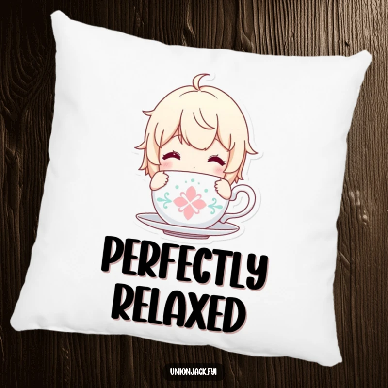 Funny pillow with a content character holding a tea cup, perfect for comfort and relaxation.