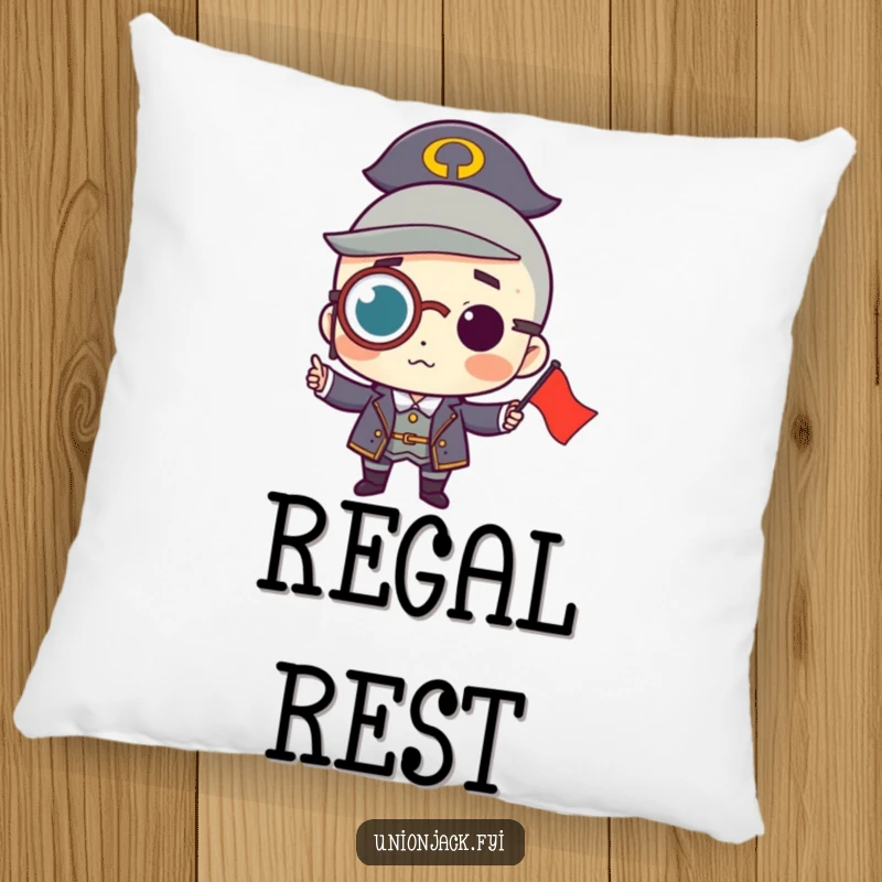 Funny pillow featuring a character wearing a monocle, proudly holding a small flag, bringing cozy sophistication and a touch of witty decor.