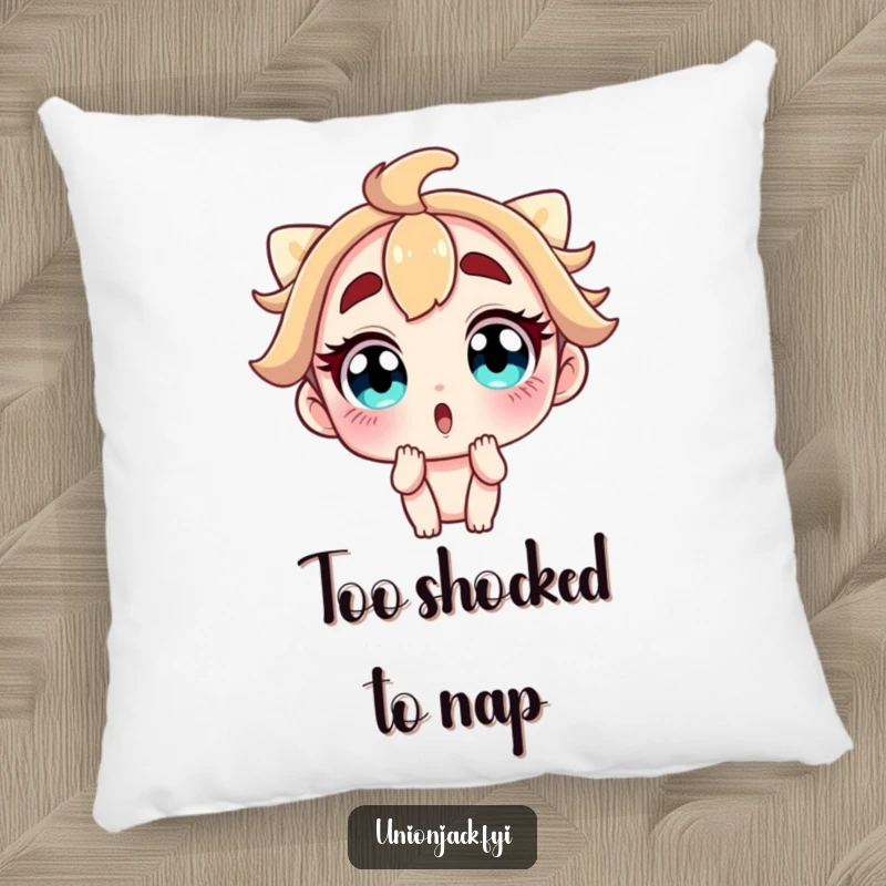 Funny pillow featuring a surprised character with wide eyes and raised eyebrows, offering comical comfort and a humorous decorative touch.