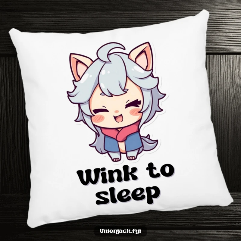Funny pillow design of a character with a playful smirk, giving a cheeky wink, embodying delightful mischief and playful confidence.