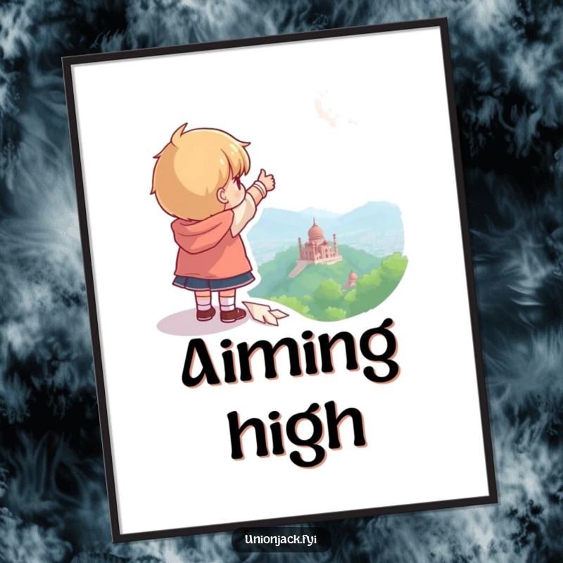 Funny digital art print of a character pointing towards a distant landmark, perfect for motivational decor.