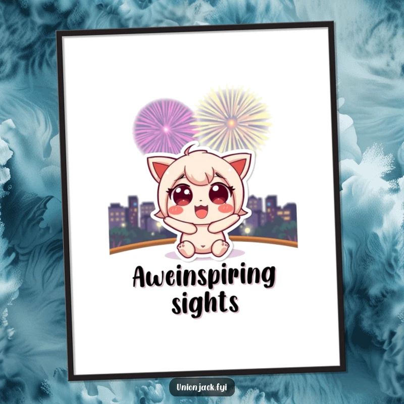 Funny digital art print of a cute character with wide, excited eyes seeing a fireworks display.