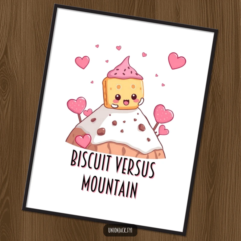Funny biscuit digital art print of a determined character comically climbing a teacake mountain, for instant humor.