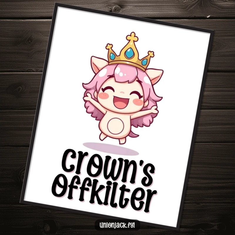 Funny digital art print of a character excitedly bouncing with a regal crown askew, adding playful royalty and exuberant joy to decor.