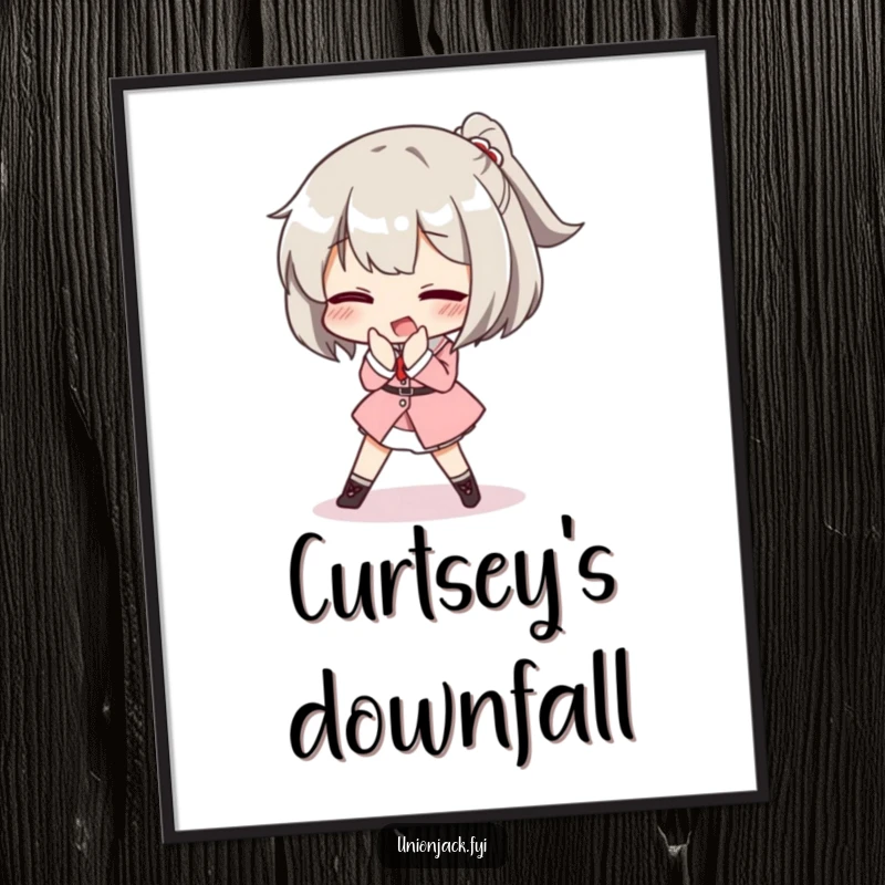 Funny digital art print of a character comically tripping while attempting a posh curtsey, adding elegant humor and refined comedy to decor.